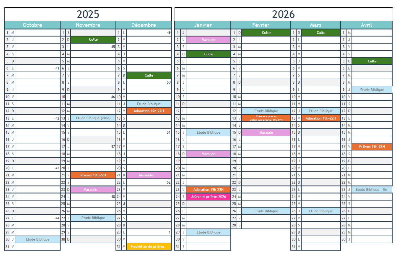 Calendrier 2025 2026 - Eglise évangélique Philadelphia de la Pévèle Cobrieux